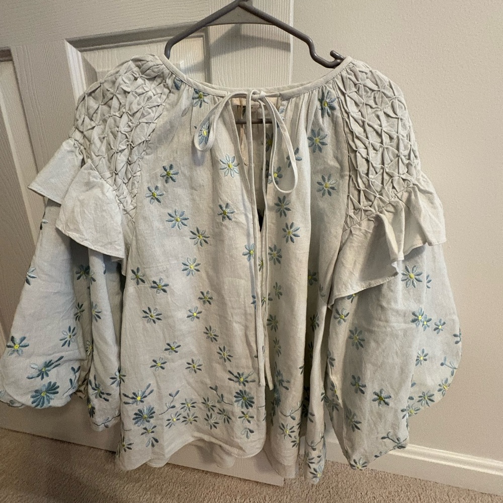 NWT Anthropologie Embroidered Floral Puff Sleeve Top Boho - Picture 6 of 10